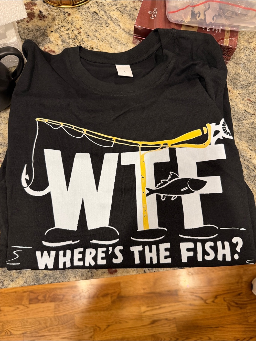 WTF Where's The Fish? Graphic Fishing T-Shirt - Black/Yellow Large New